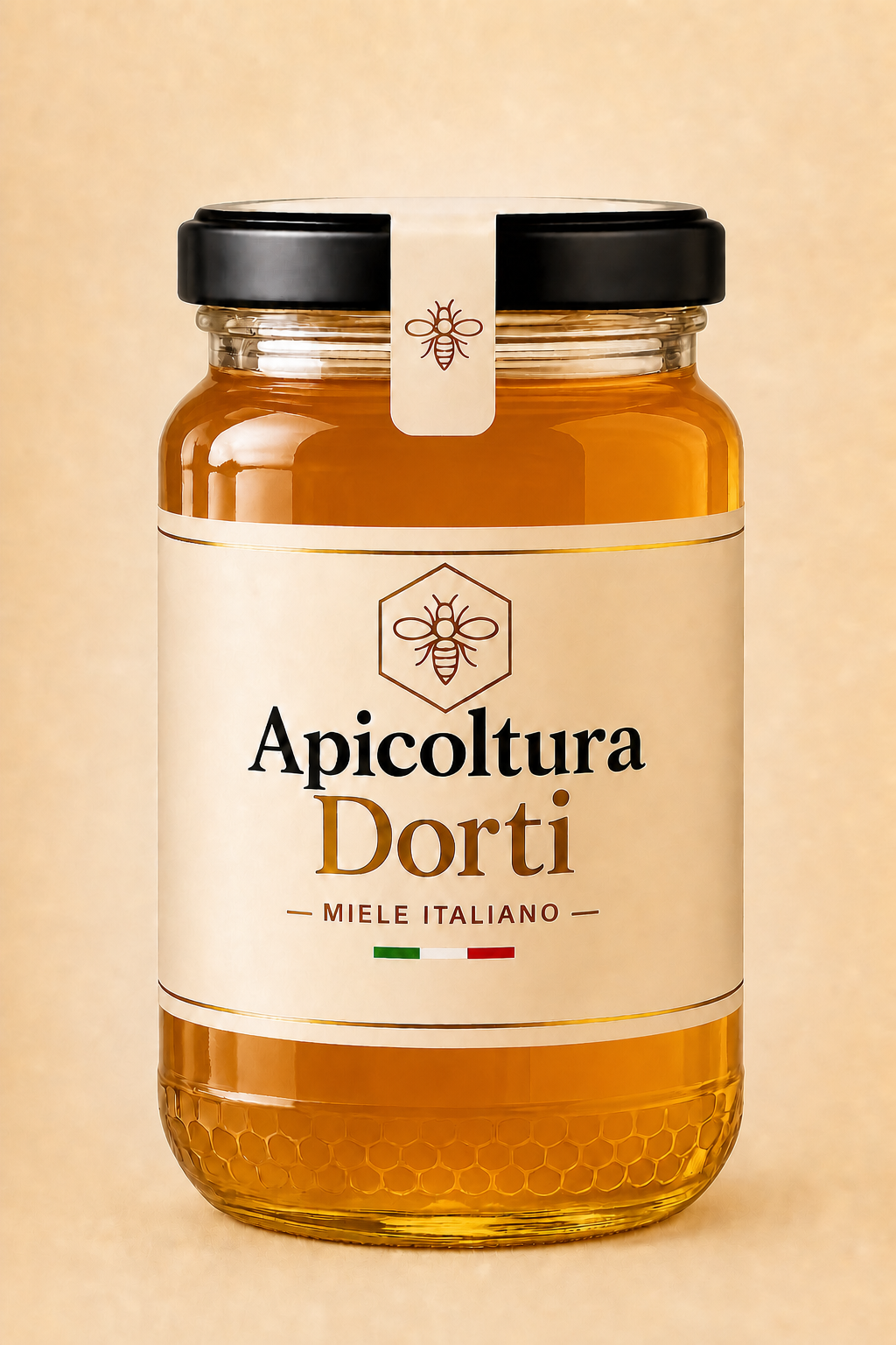 Miele Millefiori Apicoltura Dorti in vasetto con etichetta illustrata